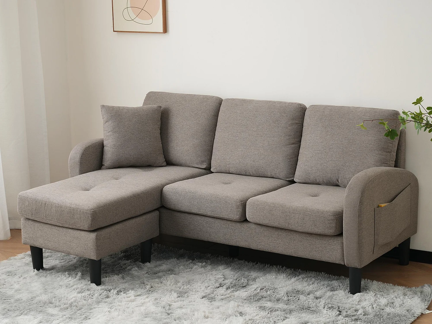 Canapé d'angle avec méridienne - 3 places - tissu en coton et lin - Gris anthracite