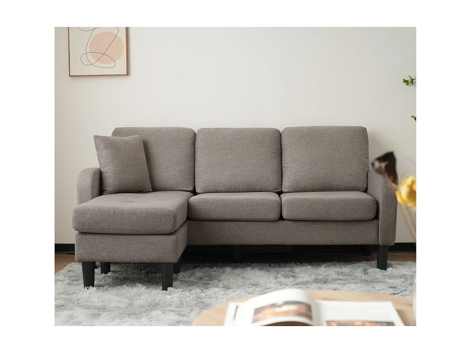 Canapé d'angle avec méridienne - 3 places - tissu en coton et lin - Gris anthracite