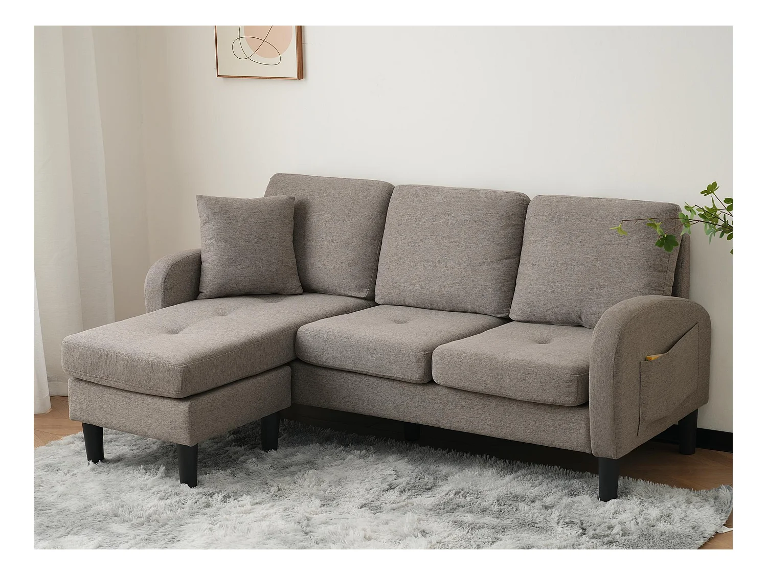 Canapé d'angle avec méridienne - 3 places - tissu en coton et lin - Gris anthracite