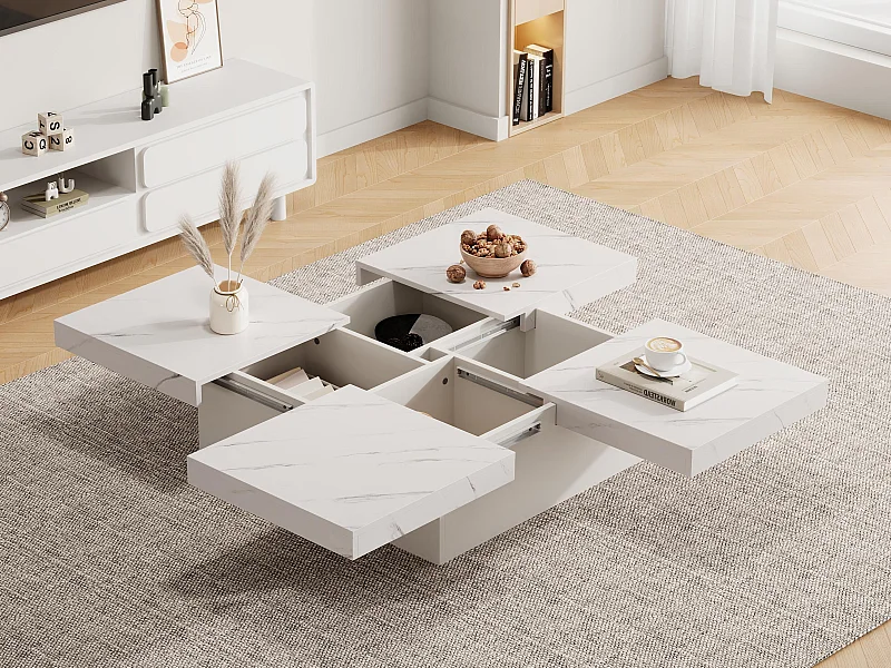 Table basse carré avec 4 tiroirs - effet marbre - Blanc