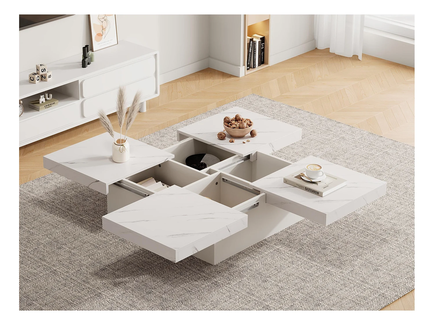 Table basse carré avec 4 tiroirs - effet marbre - Blanc