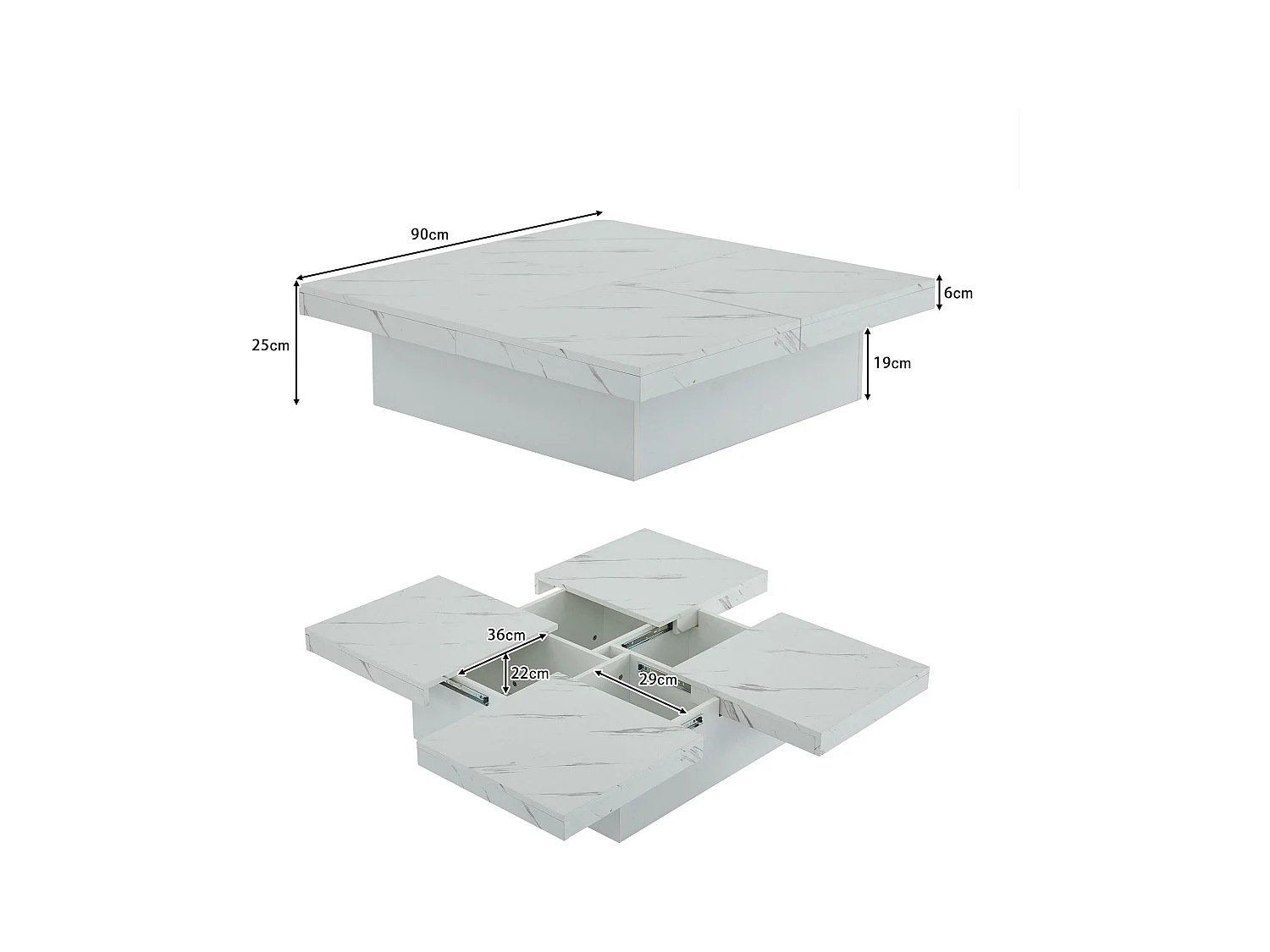 Vierkante salontafel met 4 laden - marmereffect - Wit