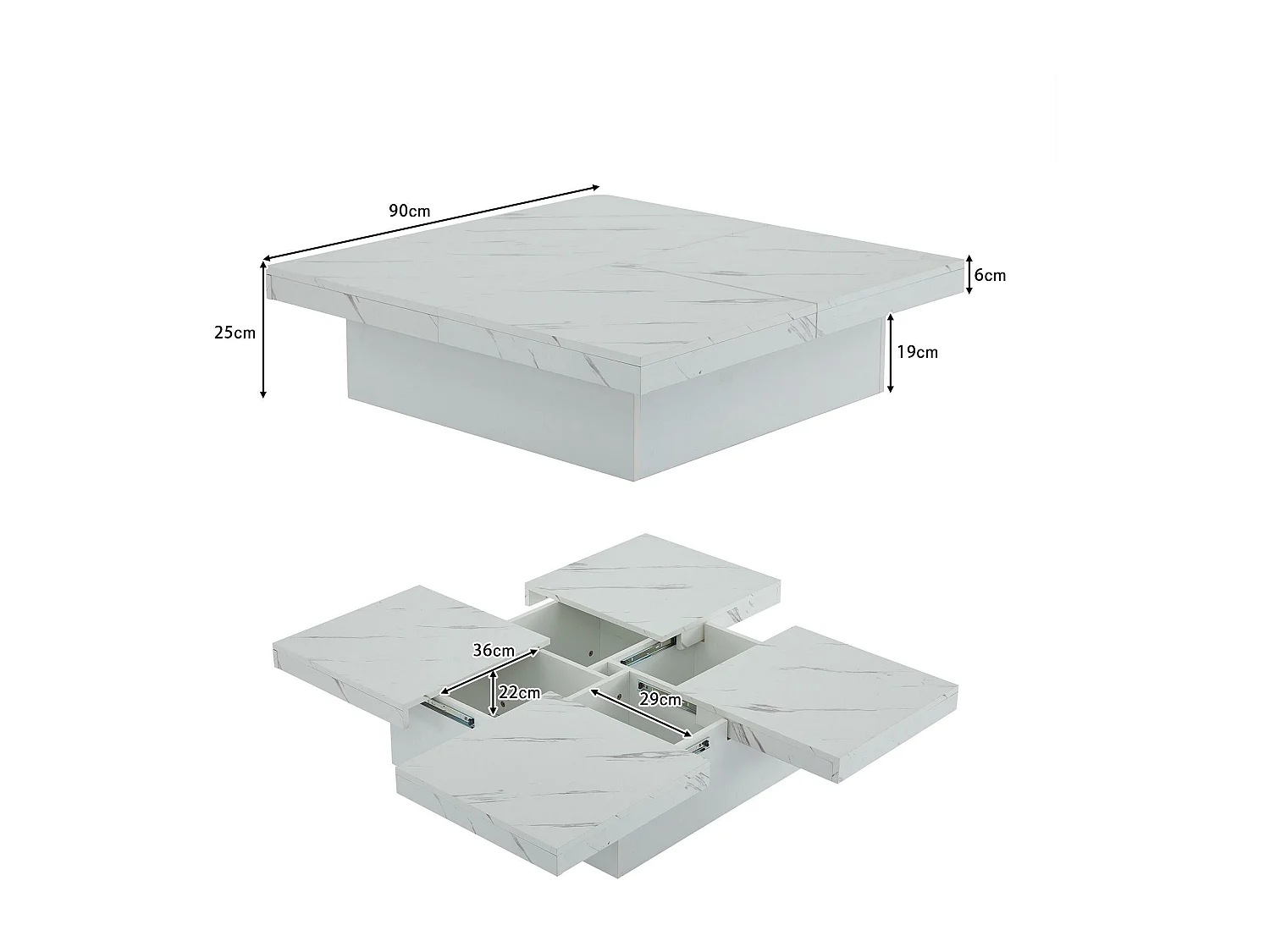 Tavolino quadrato con 4 cassetti - effetto marmo - Bianco