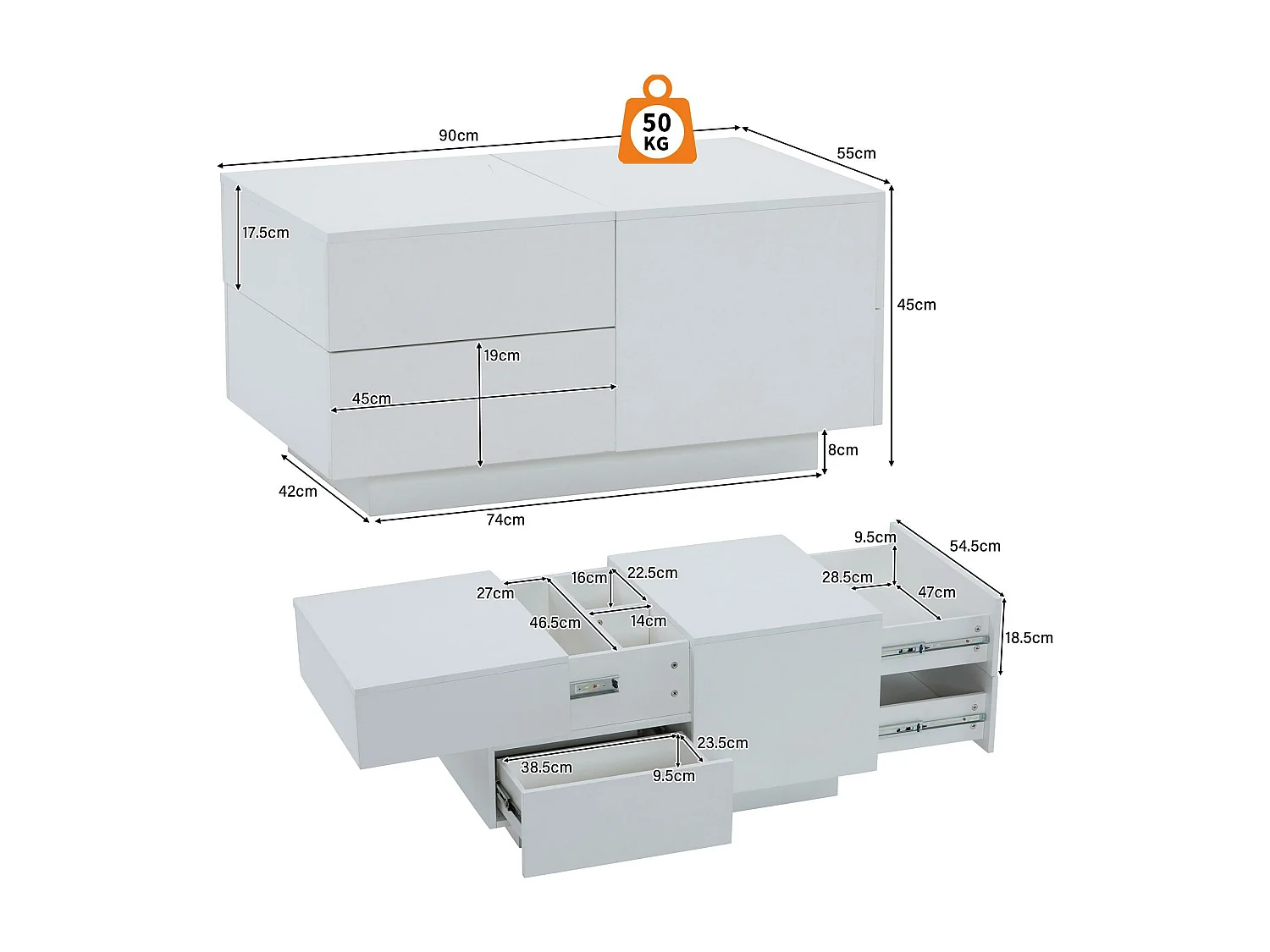 Table basse moderne - avec 4 tiroirs - Blanc
