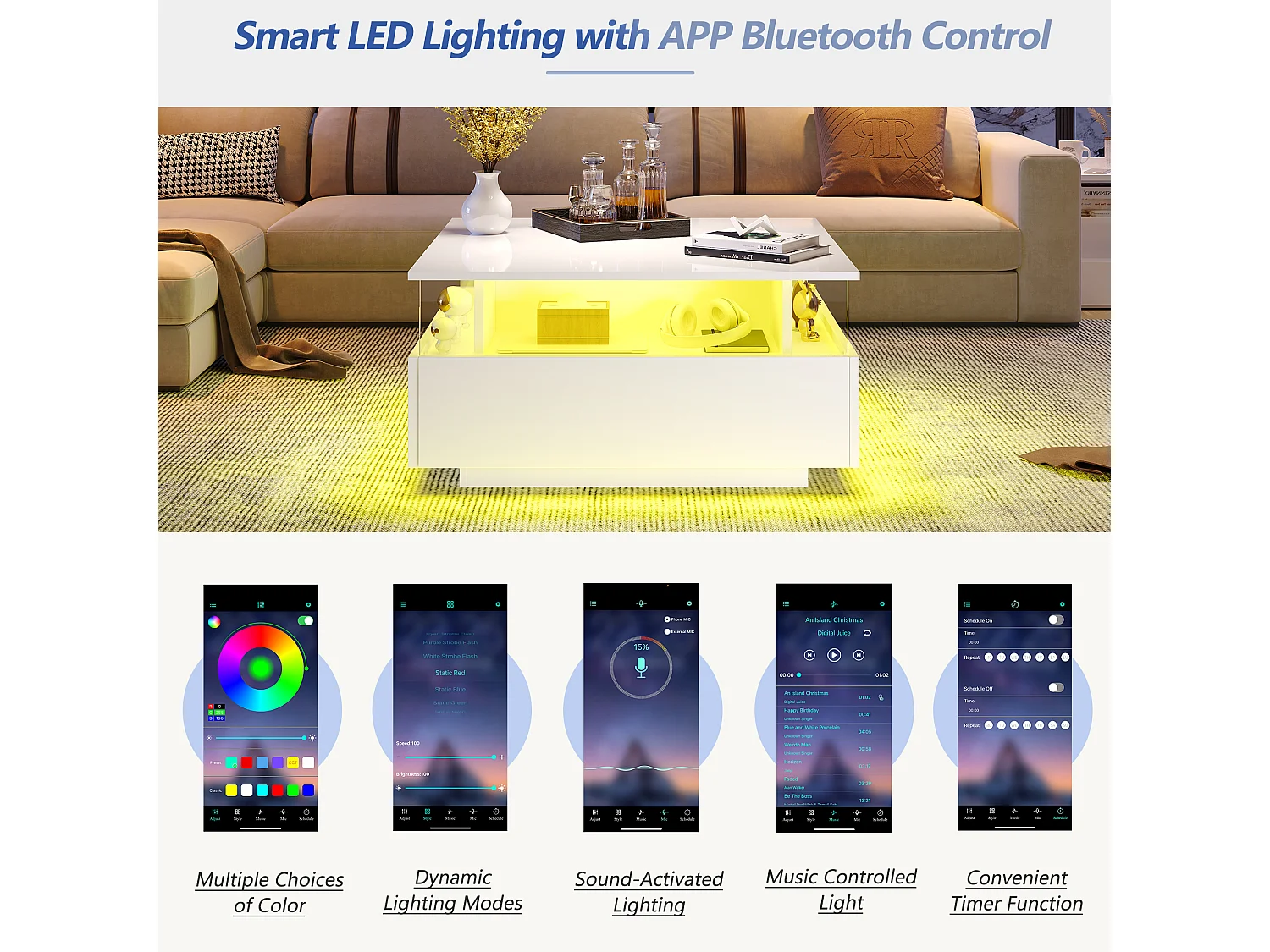 Mesa de centro moderna - com 2 gavetas + compartimentos em vidro - Branco
