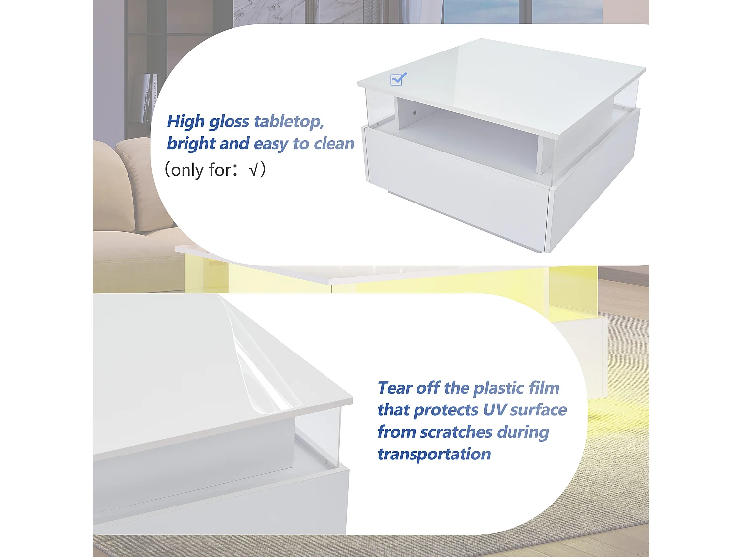 Mesa de centro moderna - com 2 gavetas + compartimentos em vidro - Branco