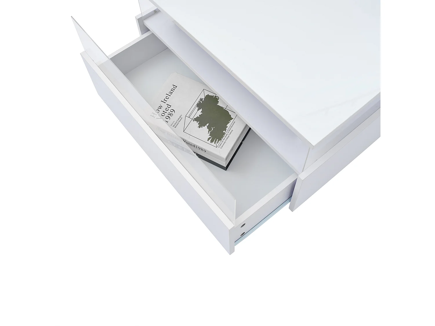 Mesa de centro moderna - com 2 gavetas + compartimentos em vidro - Branco