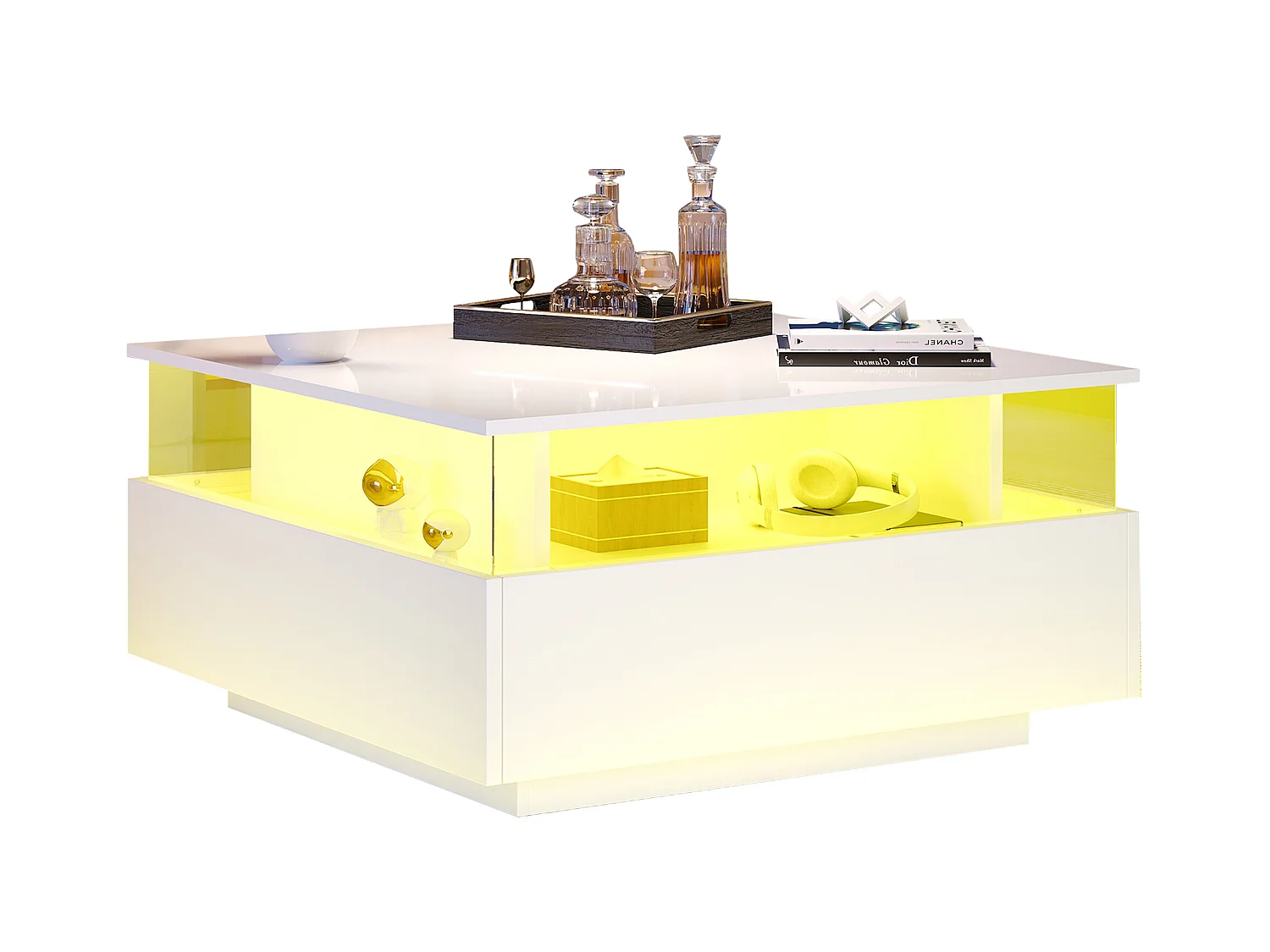 Table basse moderne - avec 2 tiroirs + compartments vitrés - Blanc