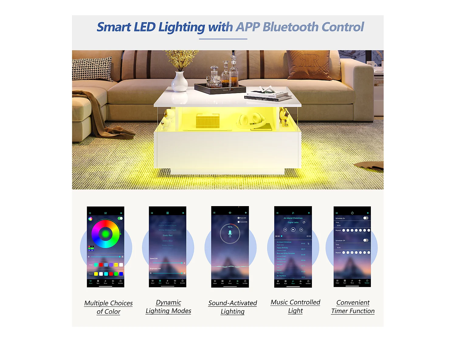 Table basse moderne - avec 2 tiroirs + compartments vitrés - Blanc