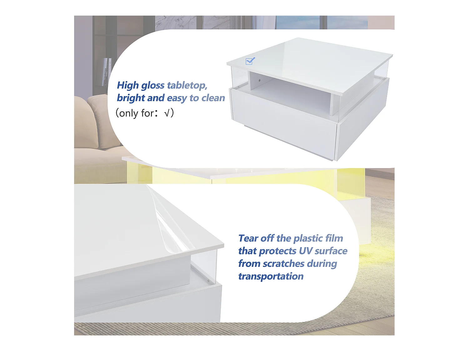 Table basse moderne - avec 2 tiroirs + compartments vitrés - Blanc