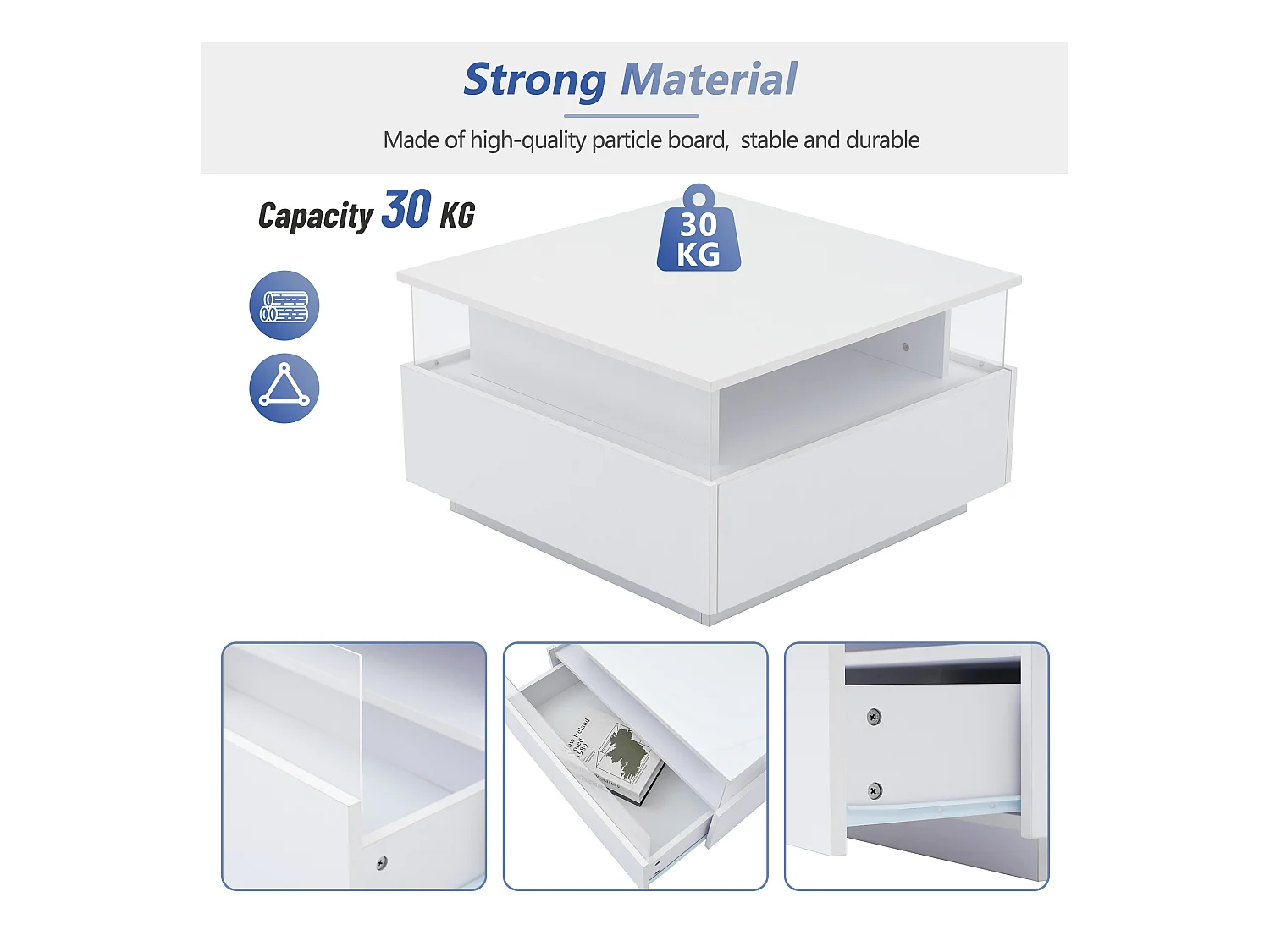 Table basse moderne - avec 2 tiroirs + compartments vitrés - Blanc