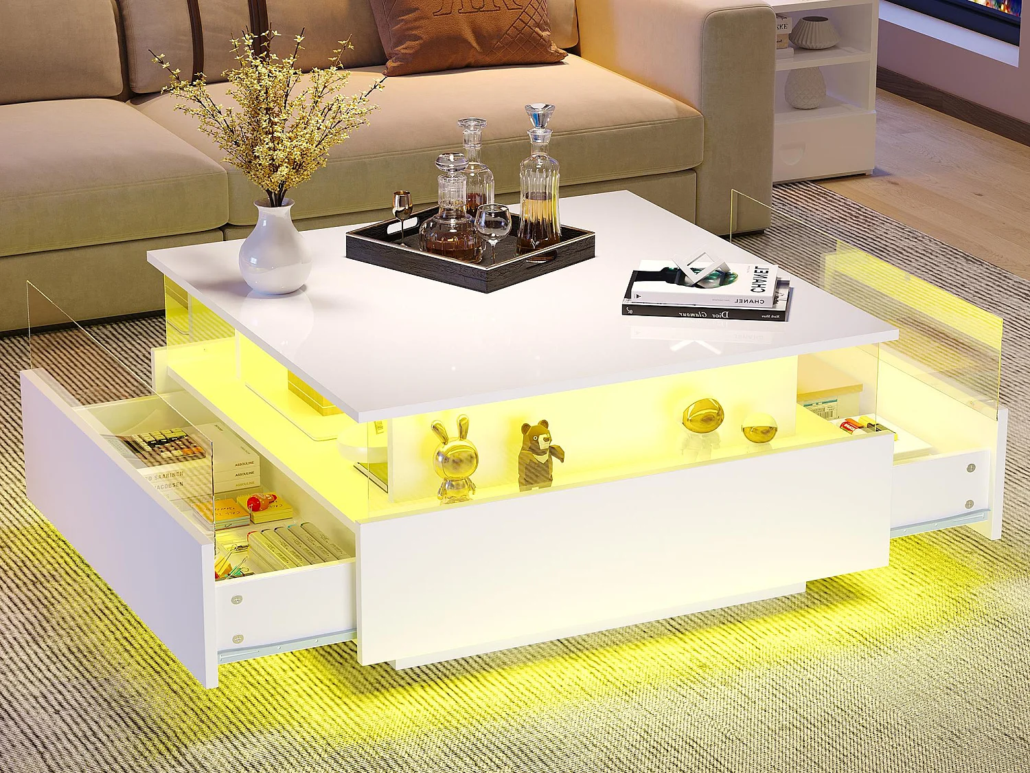 Tavolino moderno - con 2 cassetti + vani in vetro - Bianco