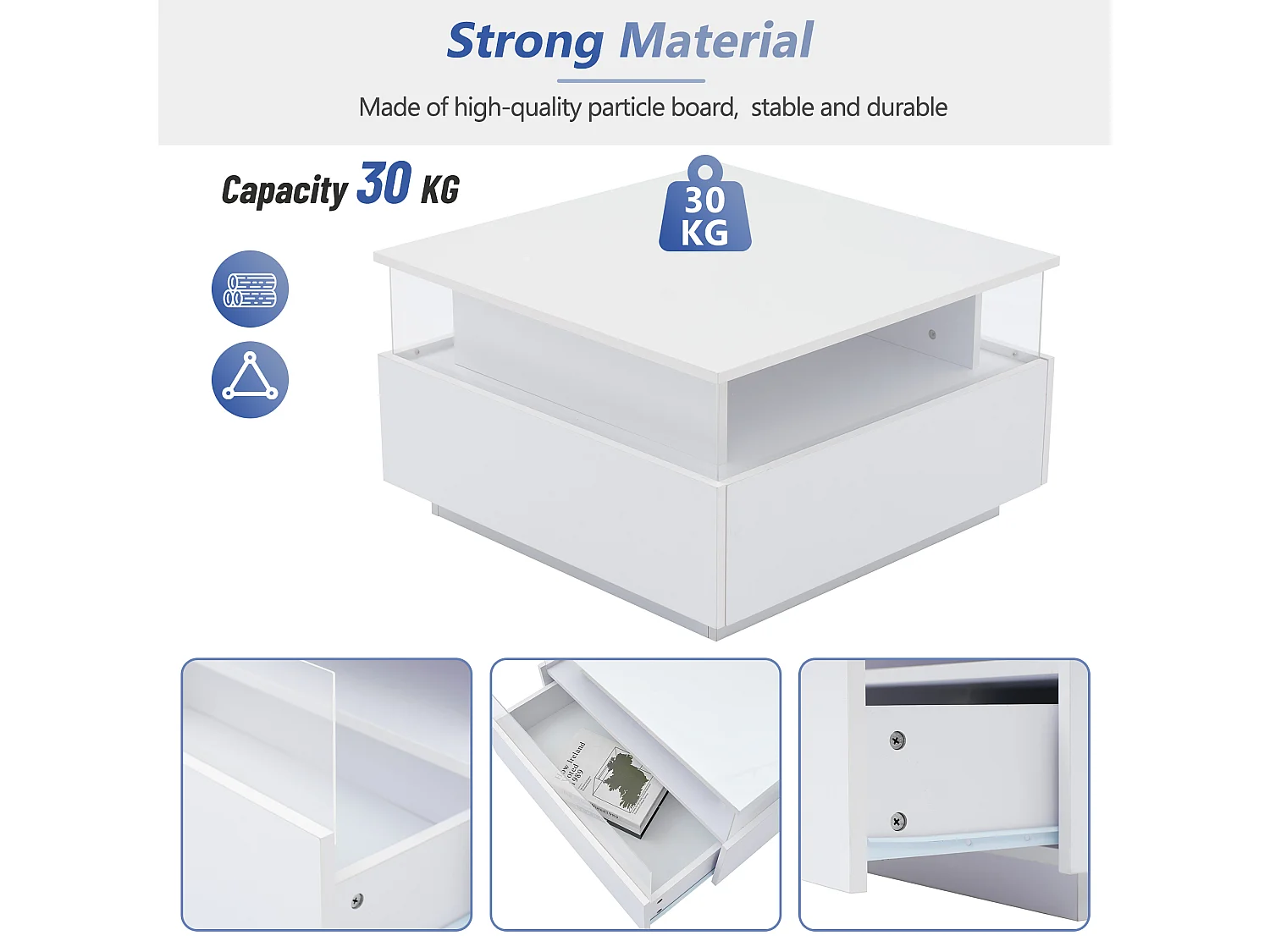 Tavolino moderno - con 2 cassetti + vani in vetro - Bianco