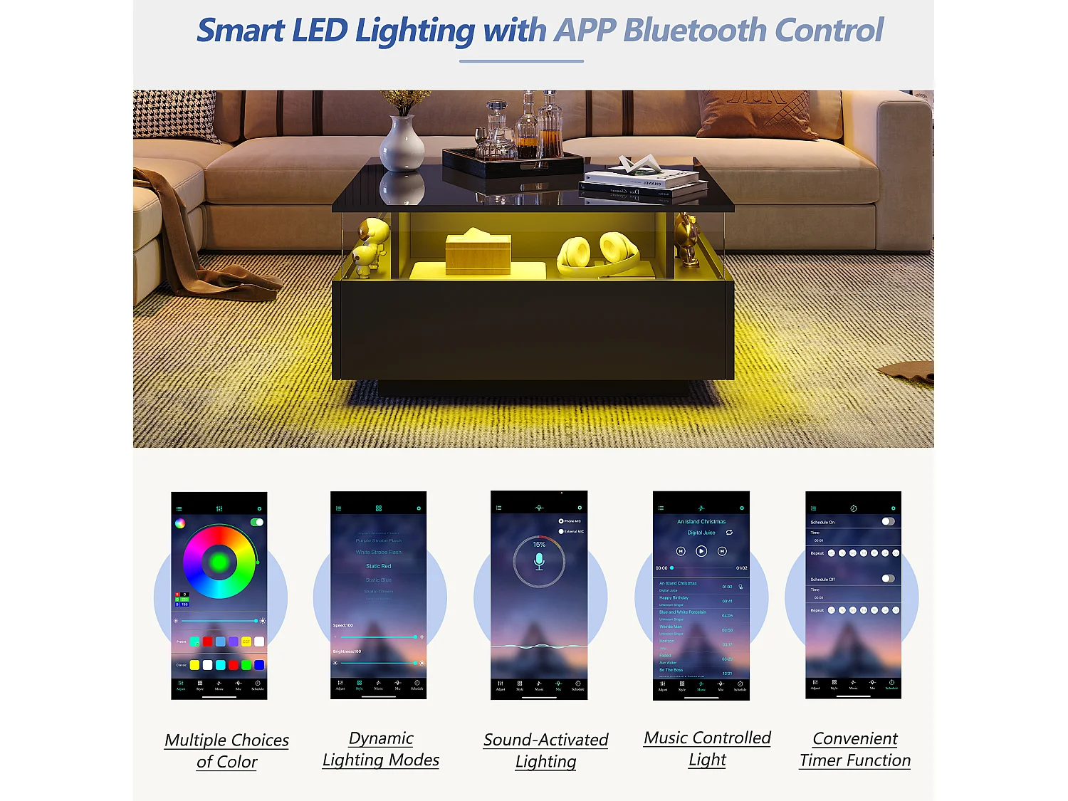Table basse moderne - avec 2 tiroirs + compartments vitrés - Noir