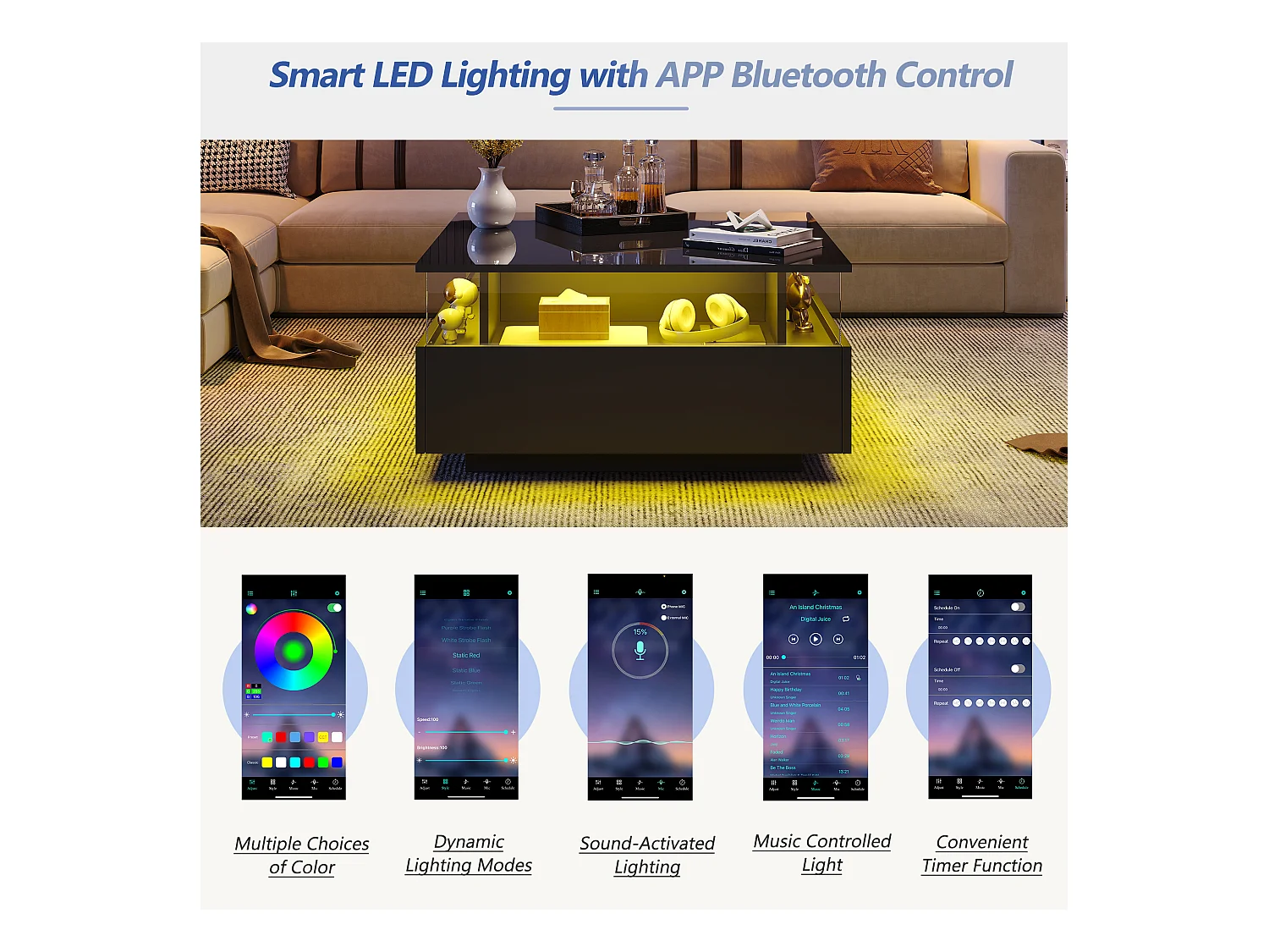 Table basse moderne - avec 2 tiroirs + compartments vitrés - Noir