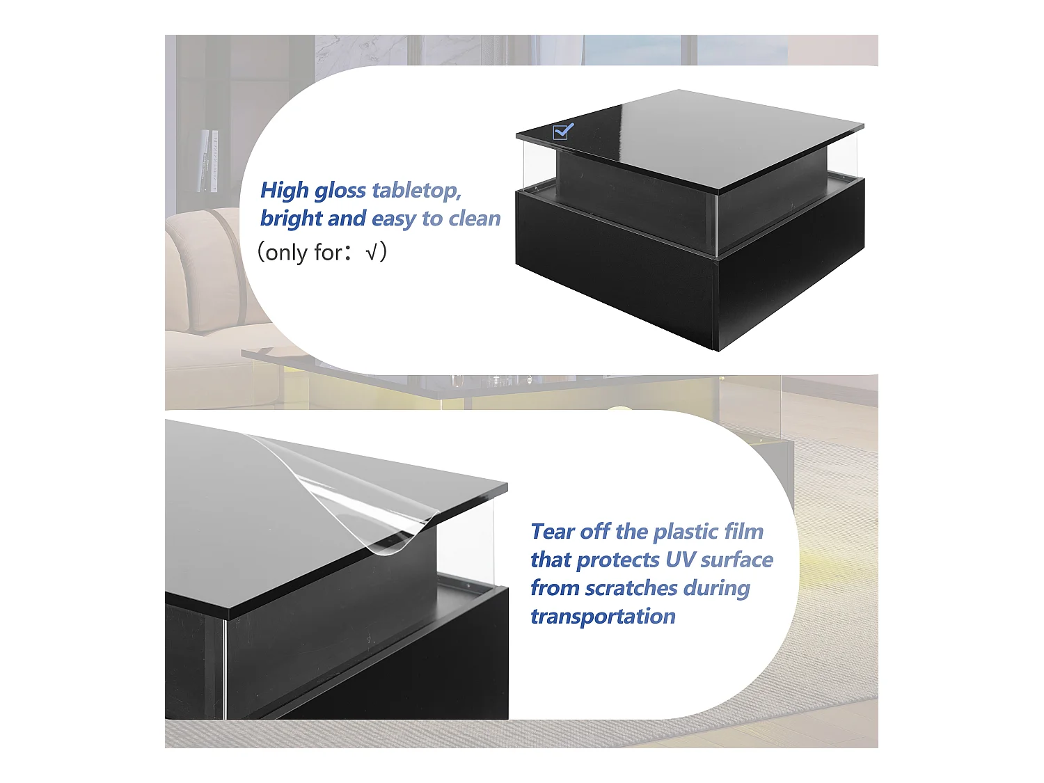 Table basse moderne - avec 2 tiroirs + compartments vitrés - Noir