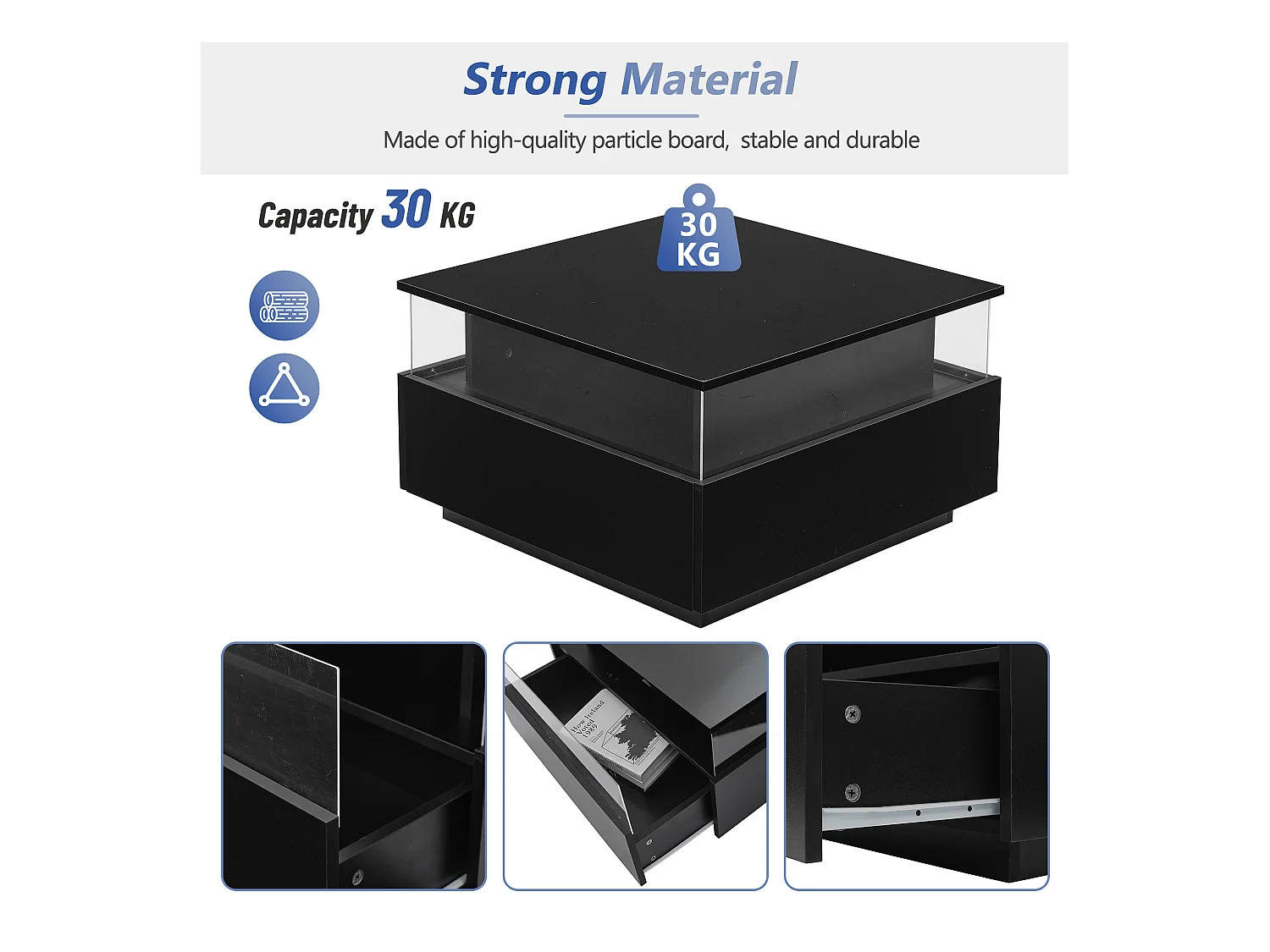 Table basse moderne - avec 2 tiroirs + compartments vitrés - Noir