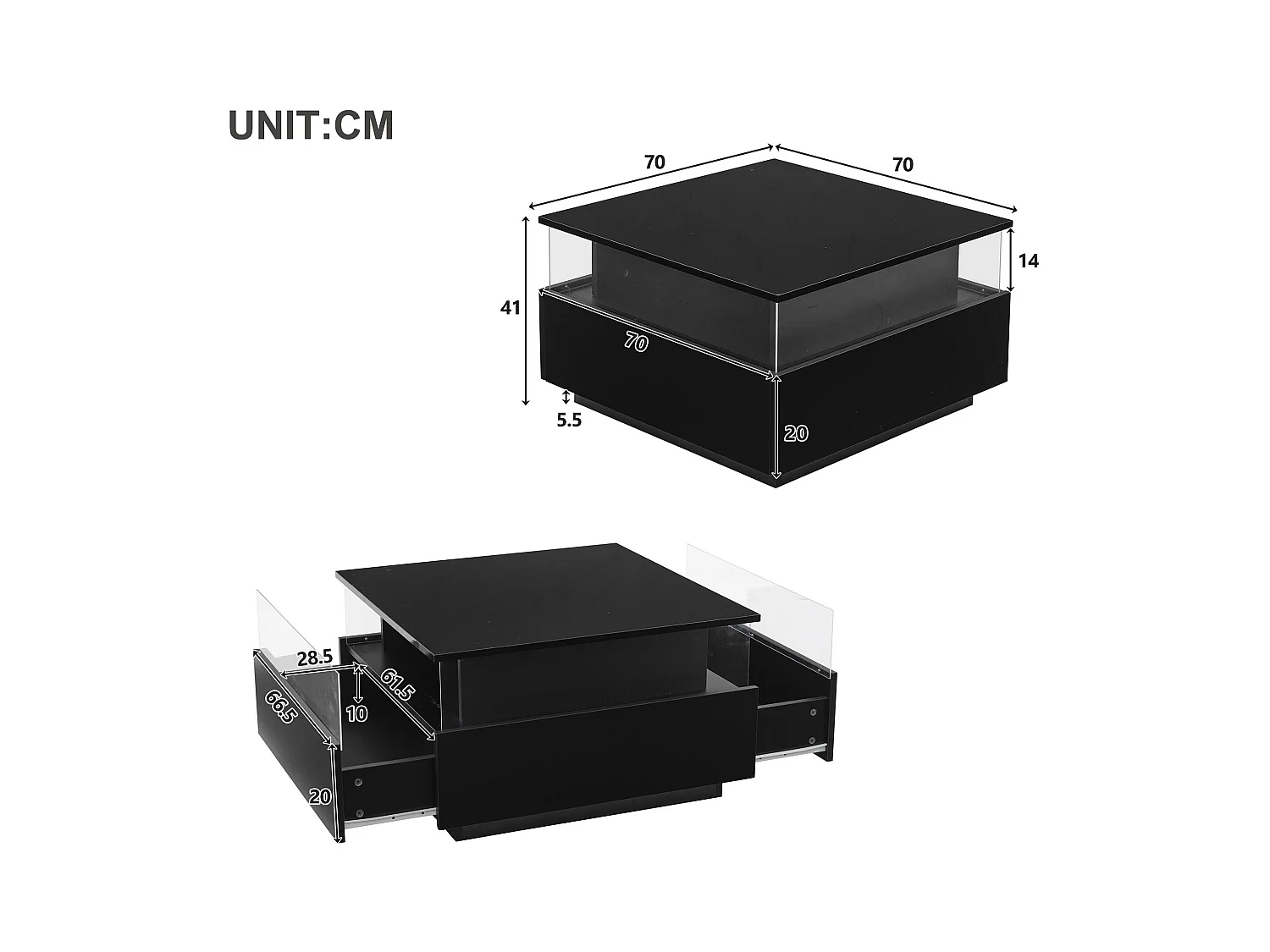 Table basse moderne - avec 2 tiroirs + compartments vitrés - Noir