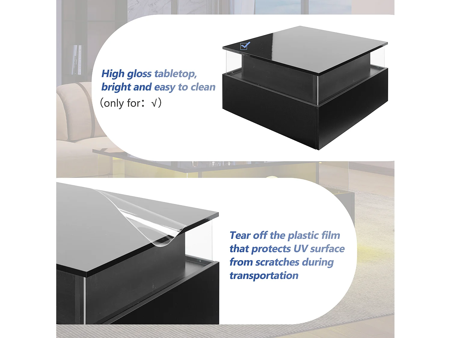 Table basse moderne - avec 2 tiroirs + compartments vitrés - Noir