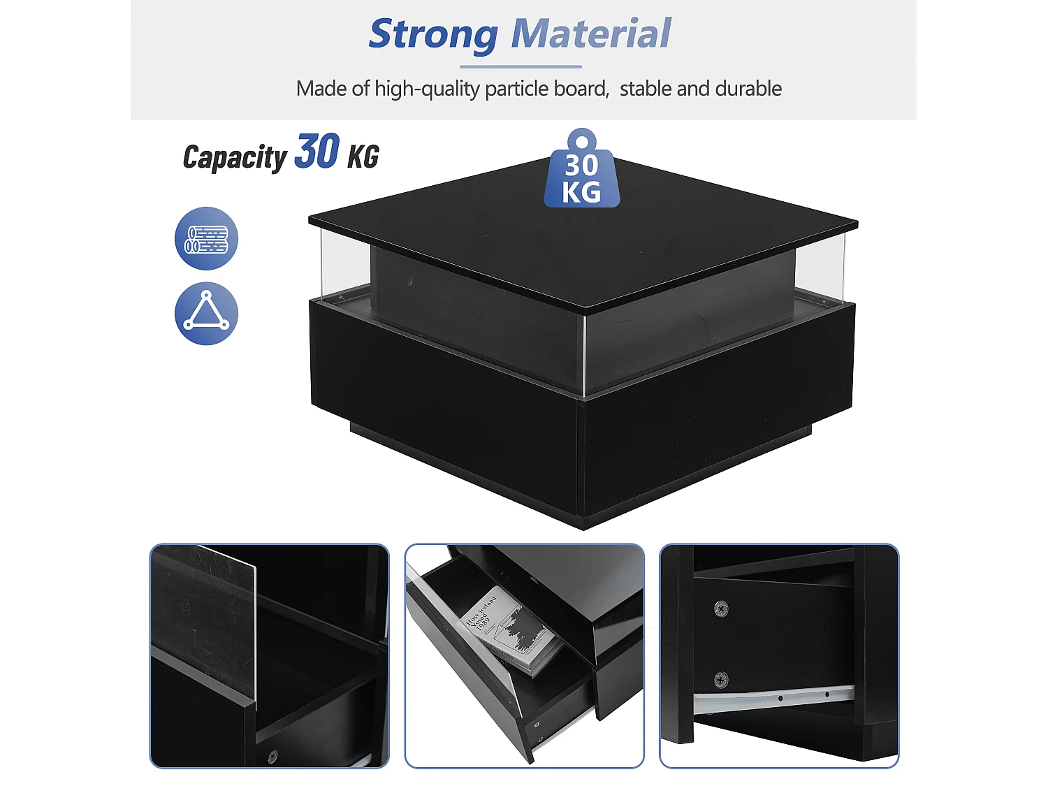 Table basse moderne - avec 2 tiroirs + compartments vitrés - Noir