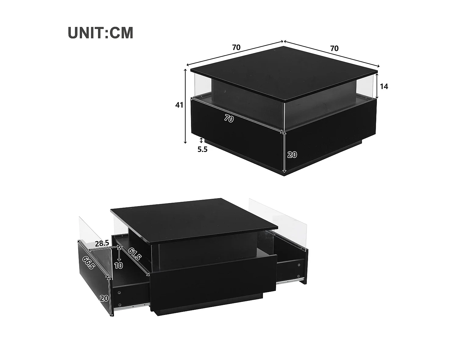 Table basse moderne - avec 2 tiroirs + compartments vitrés - Noir