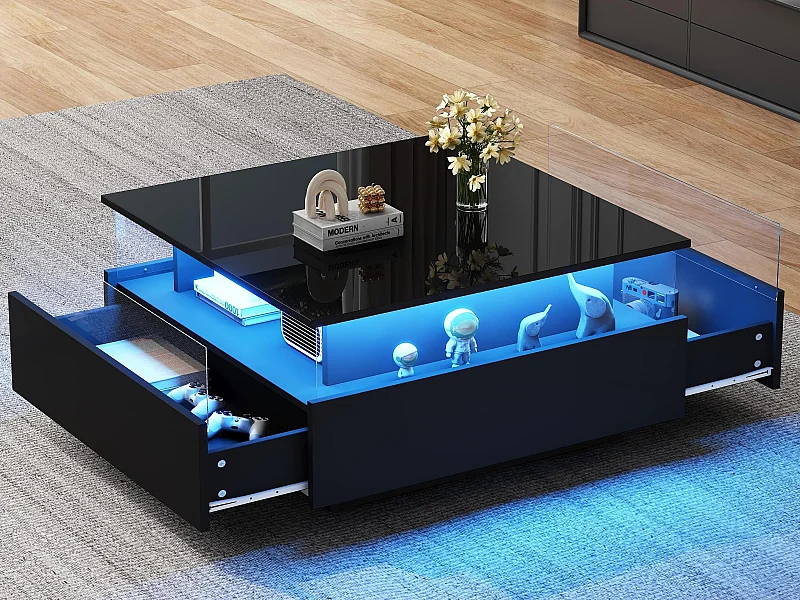 Table basse moderne - avec 2 tiroirs + compartments vitrés - Noir