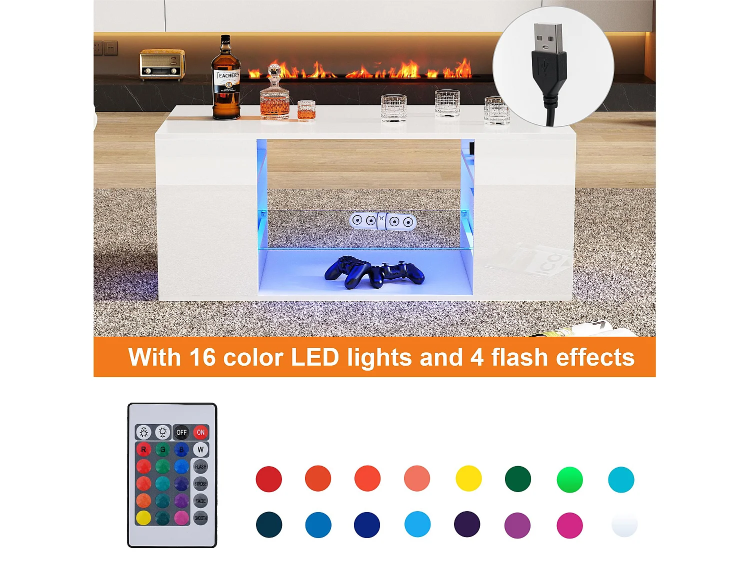 Table basse moderne - avec LED et rangements - Blanc