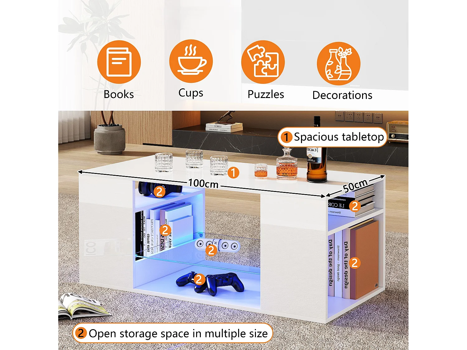 Table basse moderne - avec LED et rangements - Blanc