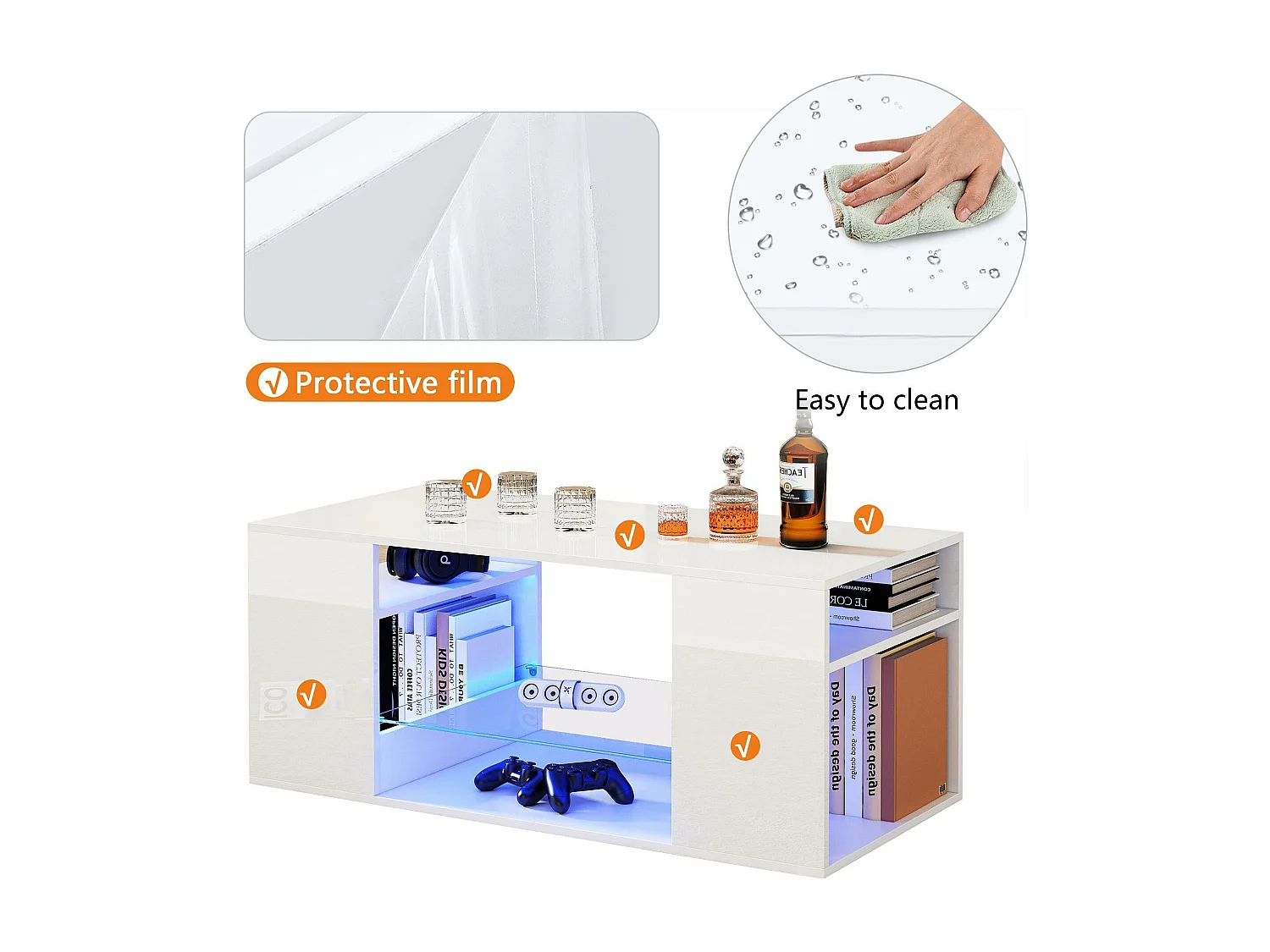 Table basse moderne - avec LED et rangements - Blanc