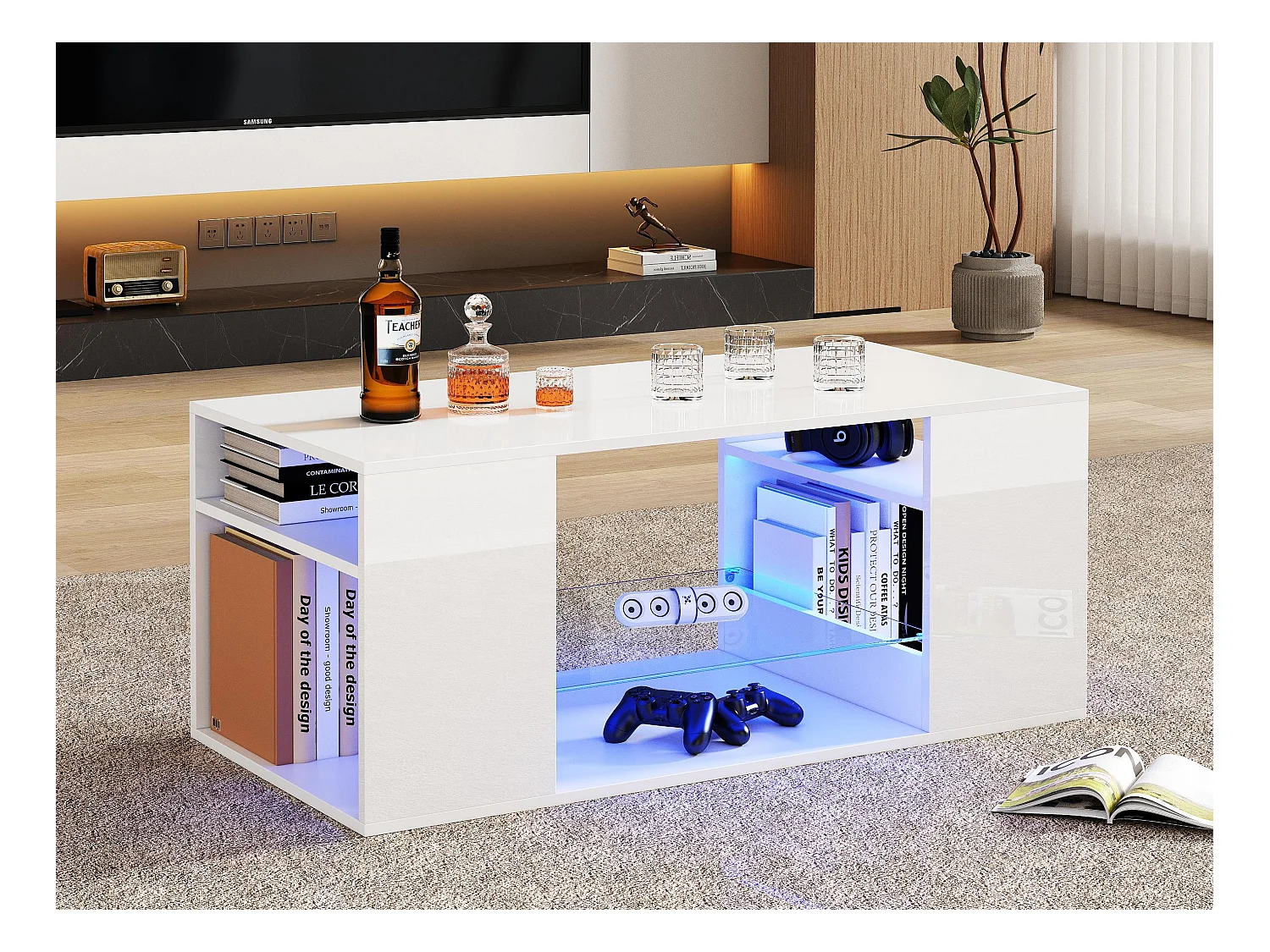 Table basse moderne - avec LED et rangements - Blanc