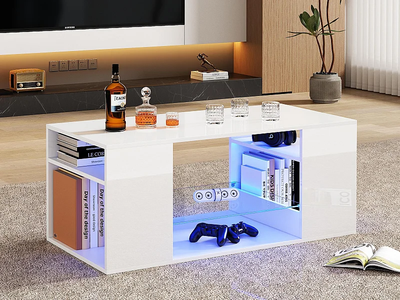 Table basse moderne - avec LED et rangements - Blanc