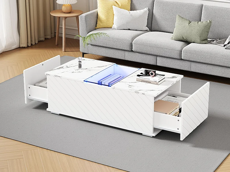 Table basse moderne - aspect marbre - avec LED et rangements - Blanc