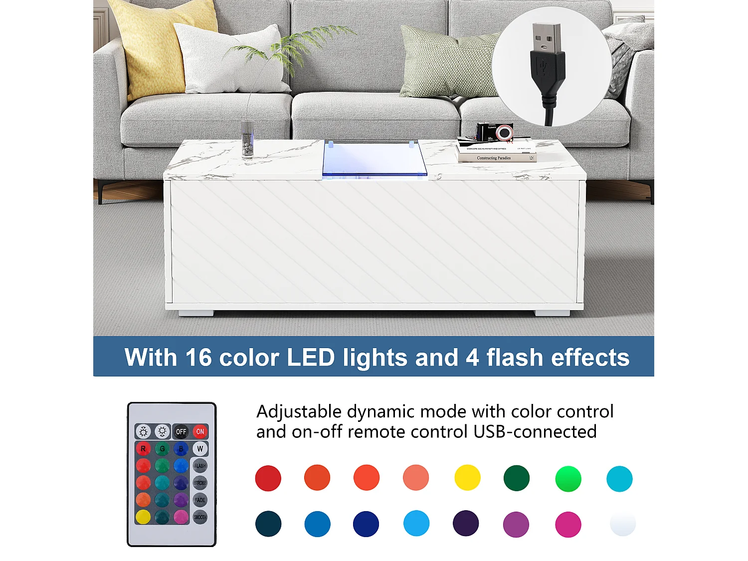 Mesa de centro moderna - aspecto mármol - con LED y almacenamiento - Blanco