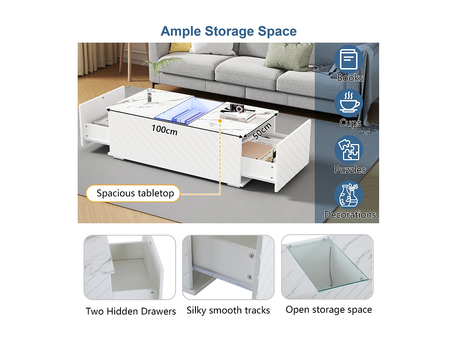 Mesa de centro moderna - aspecto mármol - con LED y almacenamiento - Blanco