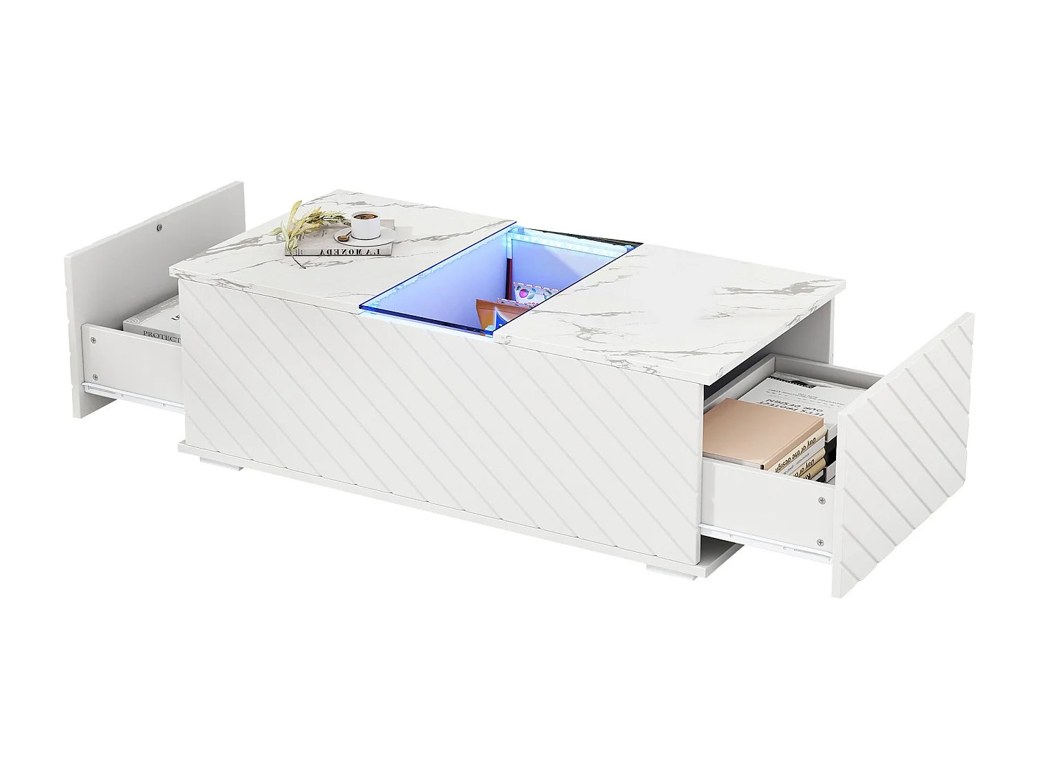 Mesa de centro moderna - aspecto mármol - con LED y almacenamiento - Blanco