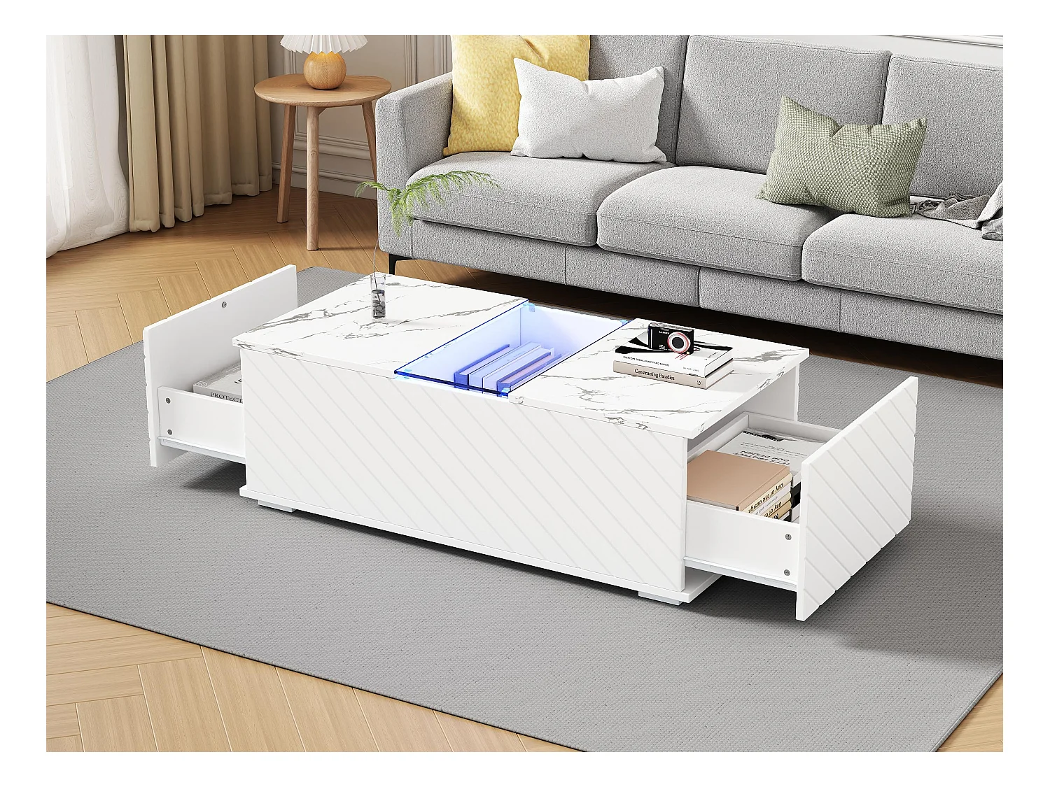 Table basse moderne - aspect marbre - avec LED et rangements - Blanc