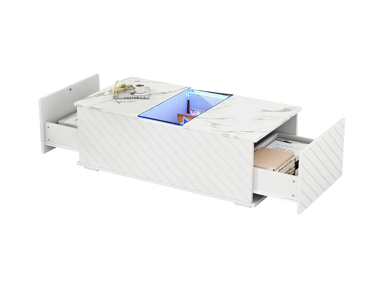 Table basse moderne - aspect marbre - avec LED et rangements - Blanc
