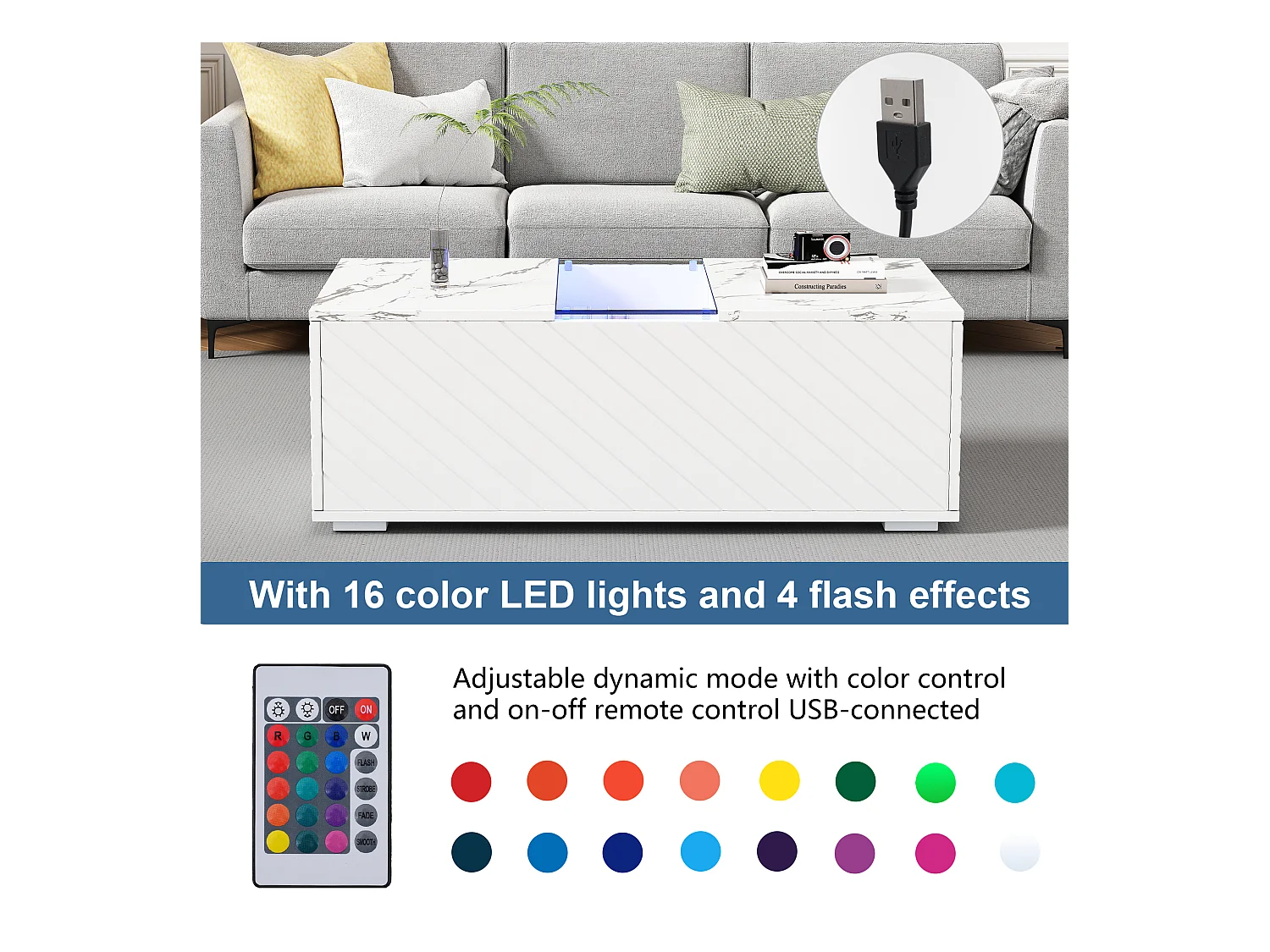 Table basse moderne - aspect marbre - avec LED et rangements - Blanc