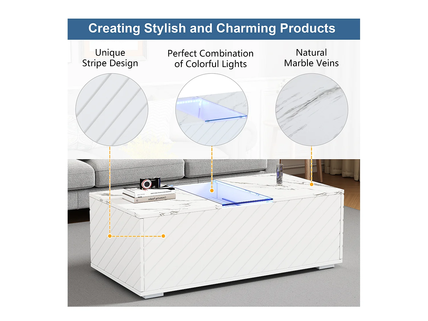Table basse moderne - aspect marbre - avec LED et rangements - Blanc