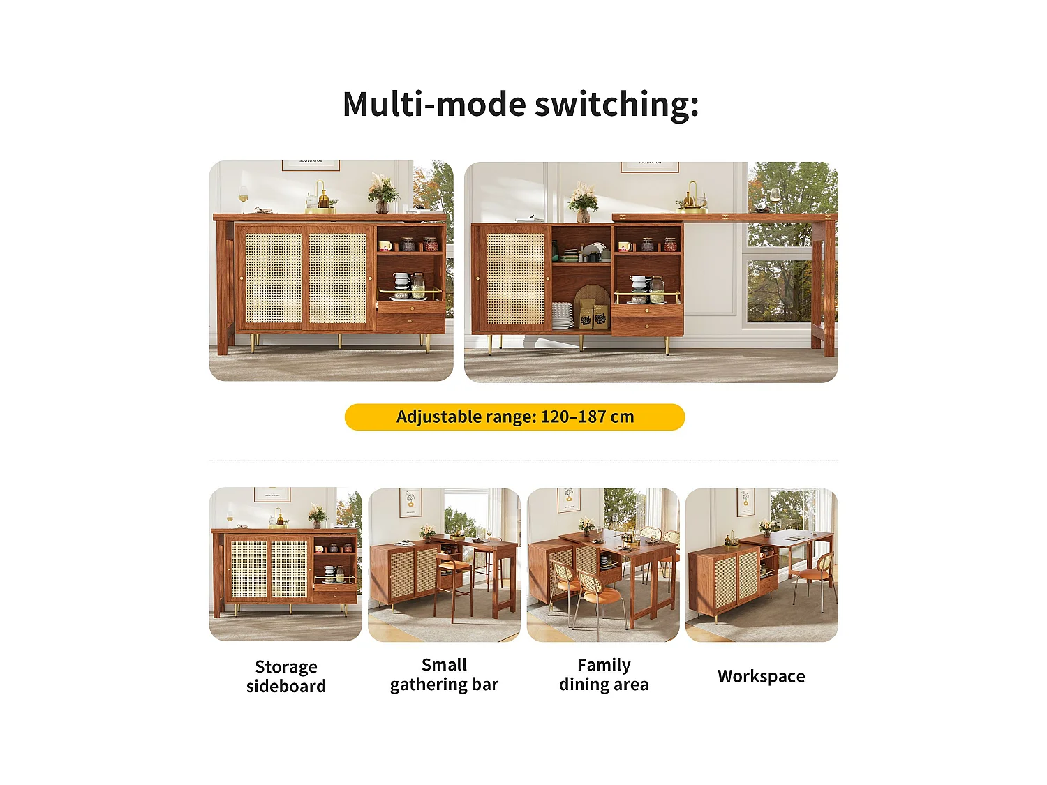 Buffet、Meuble de bar rotative extensible - en MDF - avec rangements divers - Marron