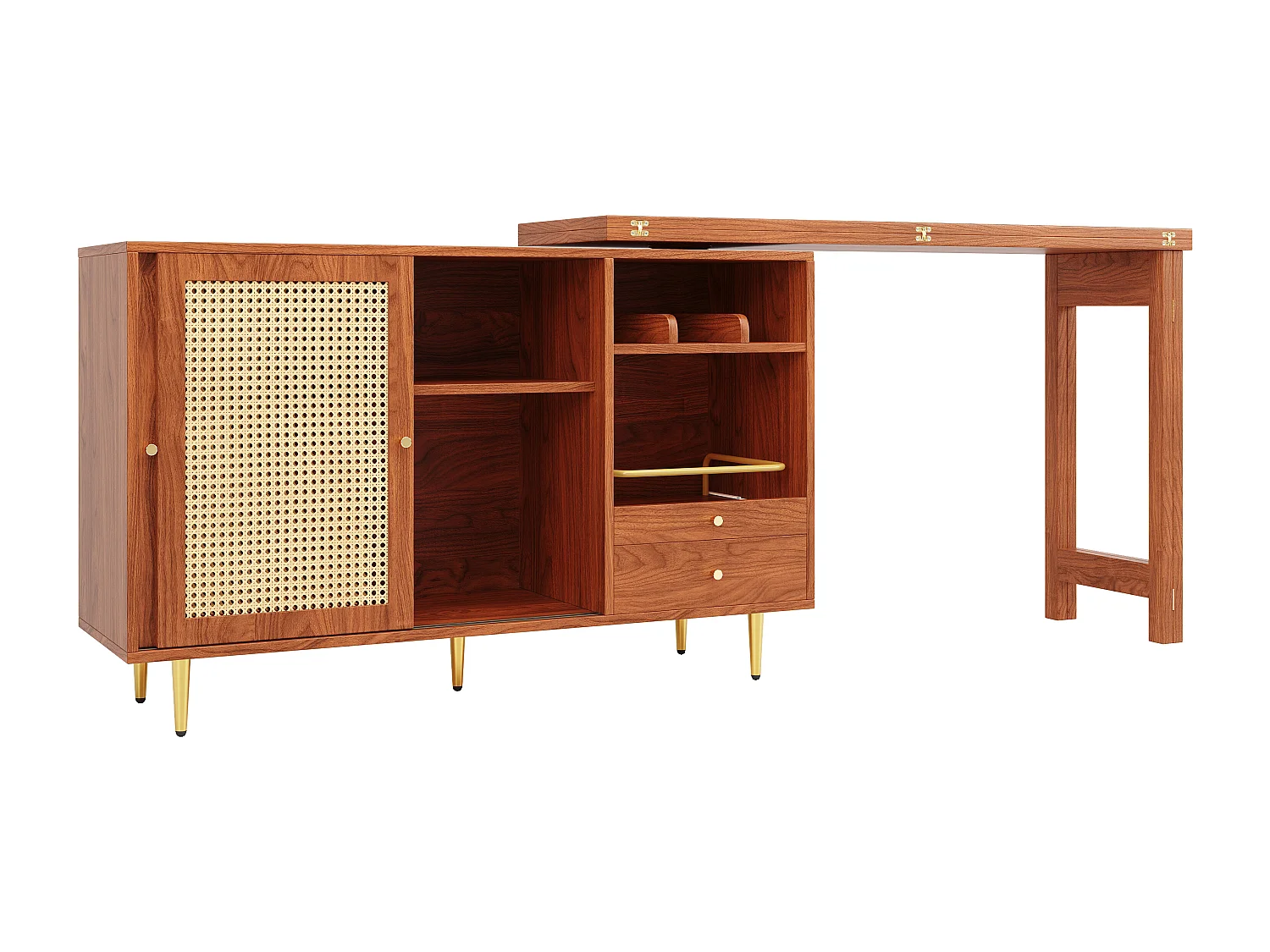 Buffet、Meuble de bar rotative extensible - en MDF - avec rangements divers - Marron