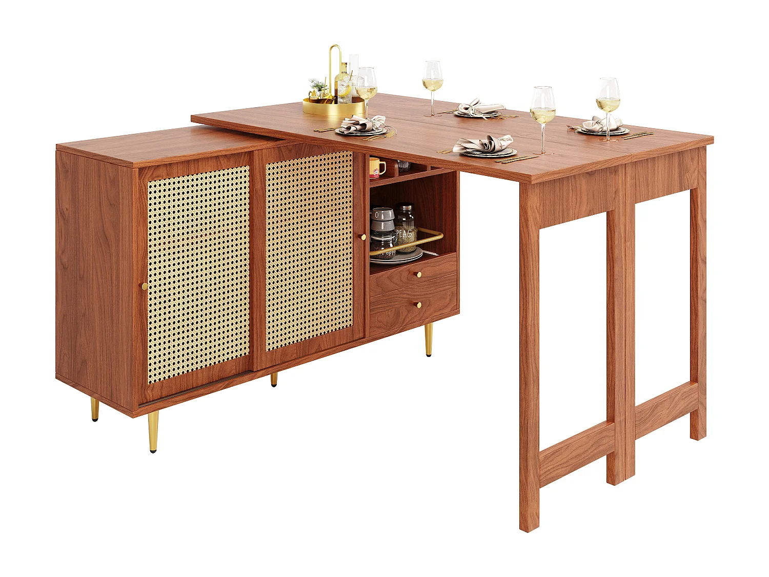 Buffet、Meuble de bar rotative extensible - en MDF - avec rangements divers - Marron