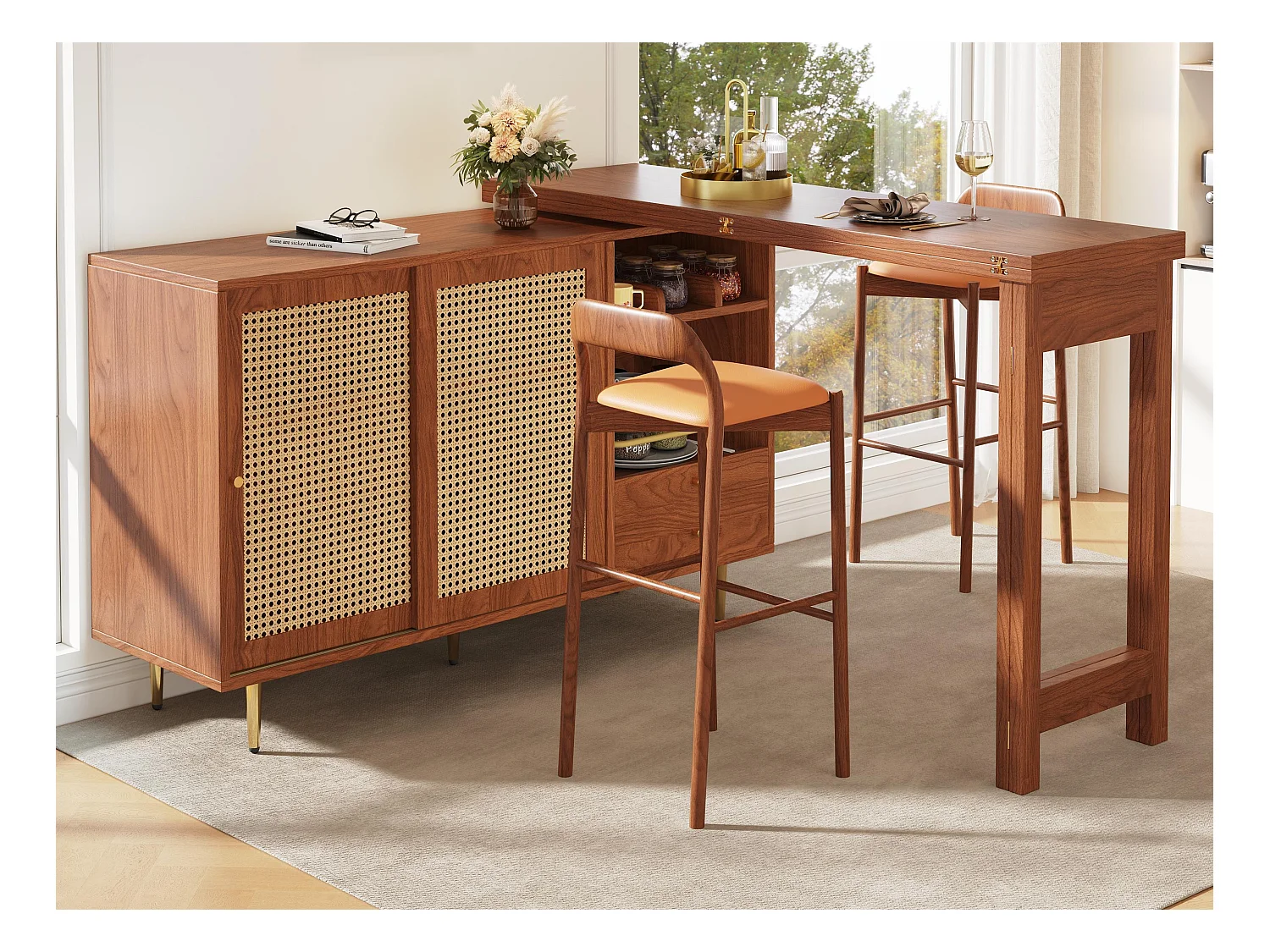 Buffet、Meuble de bar rotative extensible - en MDF - avec rangements divers - Marron