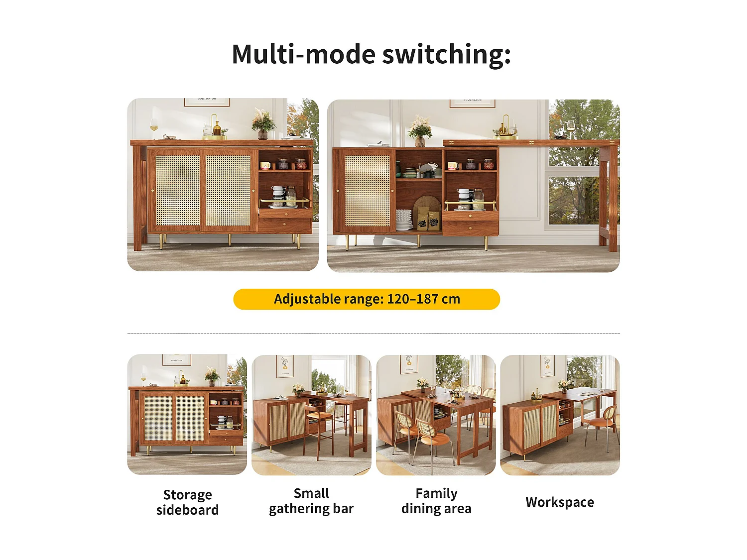 Bufet, rozkładany mebel barowy - z MDF - z różnymi schowkami - Brązowy