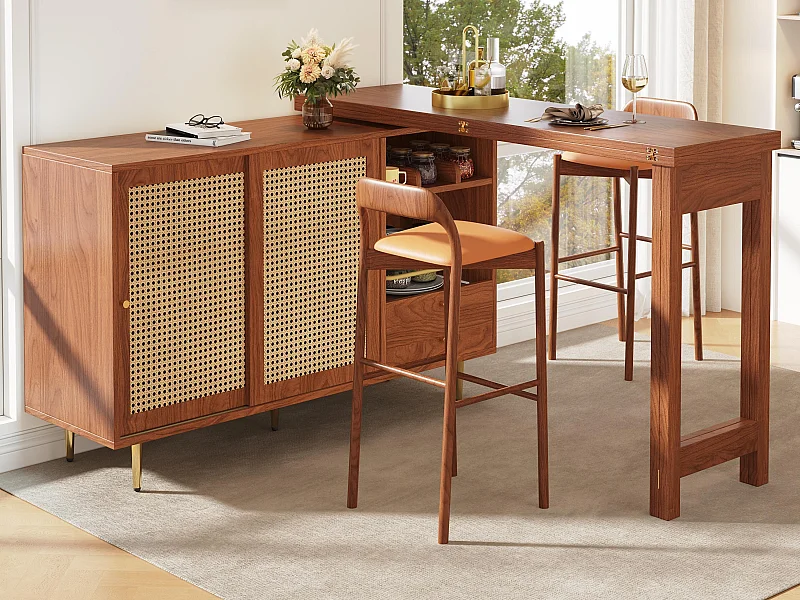 Buffet, ausziehbares drehbares Barmöbel – MDF – mit diversen Ablagen – Braun