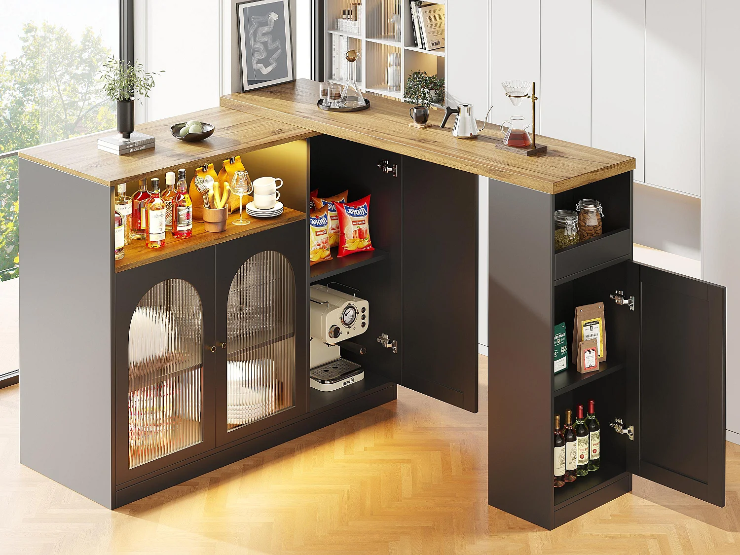 Buffet, MDF verschuifbaar schuifbalkmeubilair - met LED en diverse bereiken - zwart