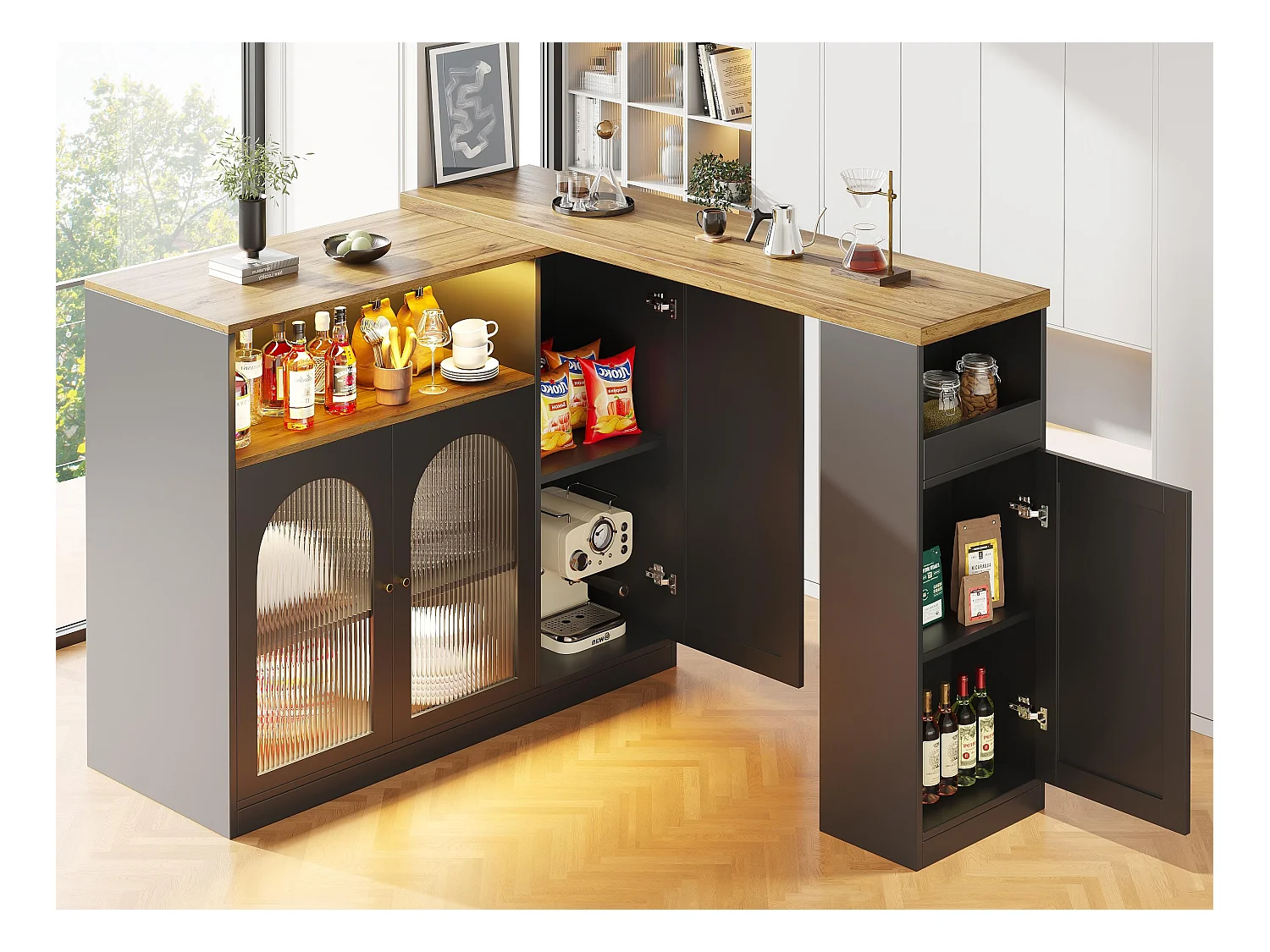 Buffet, verschiebbare MDF-Barmöbel – mit LED und verschiedenen Sortimenten – Schwarz