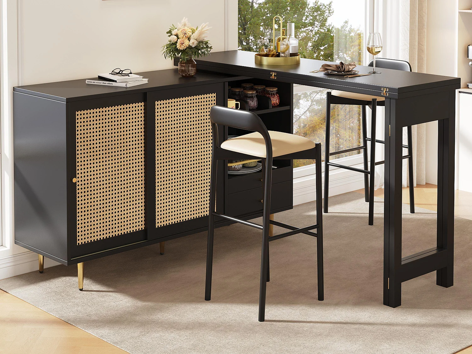 Buffet、Meuble de bar rotative extensible - en MDF - avec rangements divers - Marron