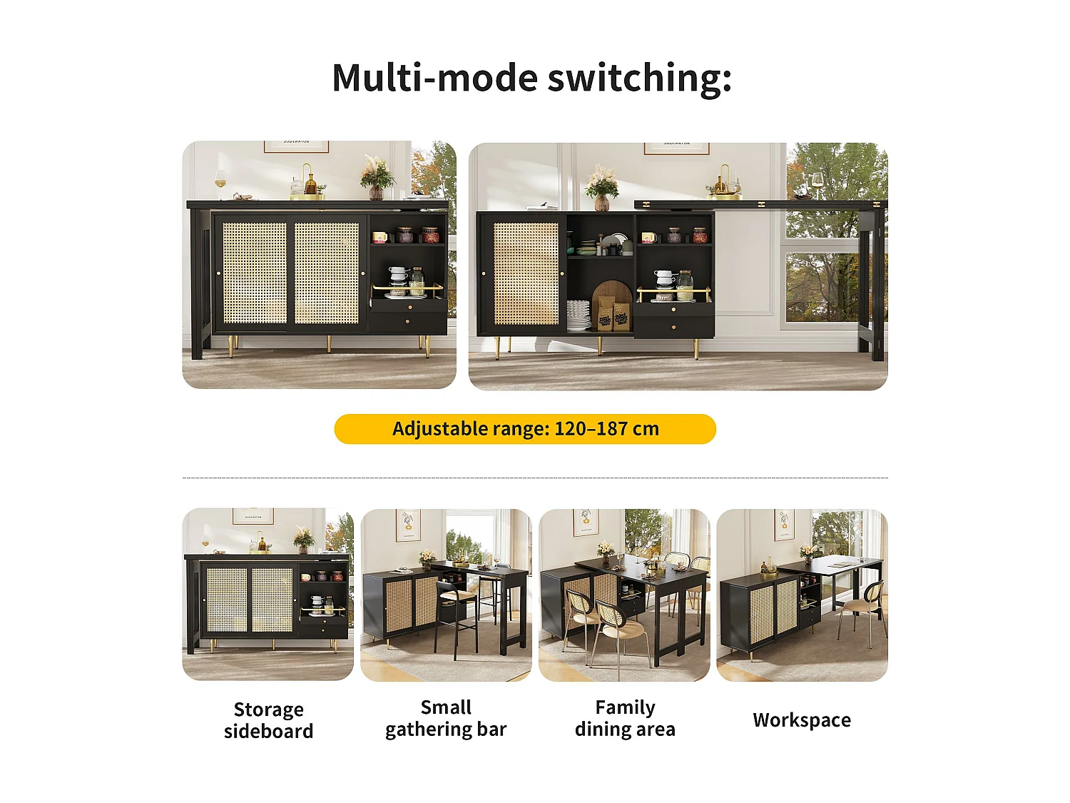 Buffet、Meuble de bar rotative extensible - en MDF - avec rangements divers - Marron