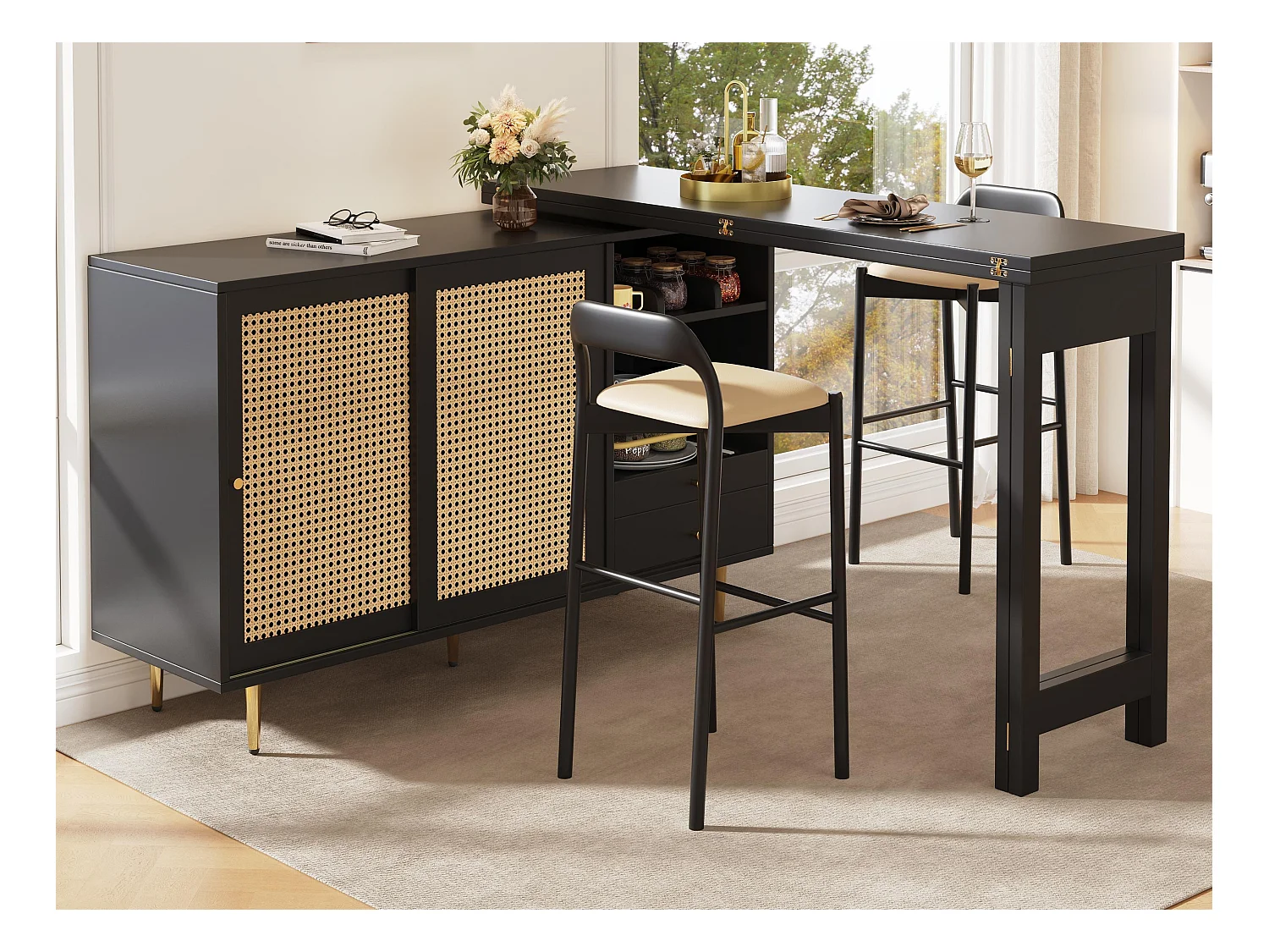 Buffet、Meuble de bar rotative extensible - en MDF - avec rangements divers - Marron